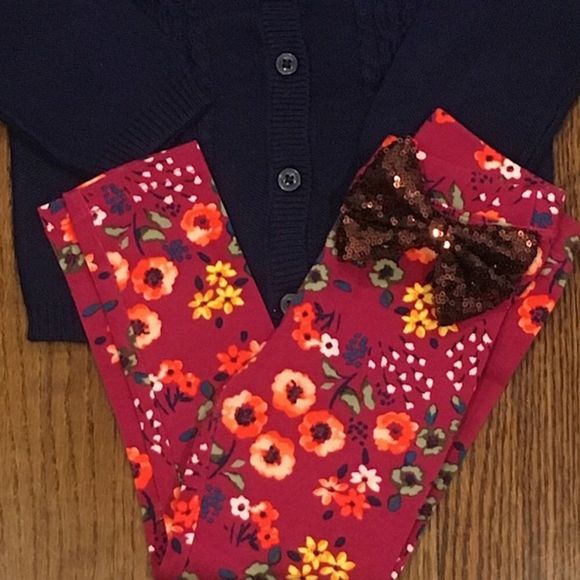 Navy Cardigan Floral Leggings Sequin Bow Set Sz 2T - Picture 5 of 11